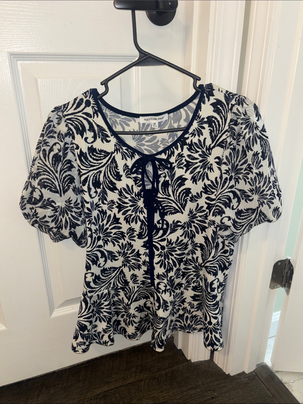 Perseption Concept Blue and White Floral Tie-Front Top